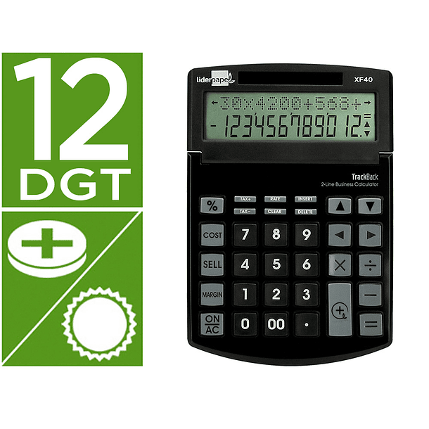 Calculadora liderpapel de secretaria xf40 12 digitos duas linhas solar e pilhas cor preto 175x120x30 mm 40% plastico rec 2