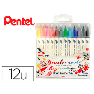 Pincel pentel brush sign pen com ponta dupla estojo com 12 unidades