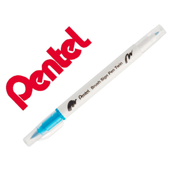 Pincel pentel brush sign pen com ponta dupla cor turquesa 1