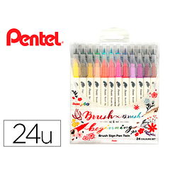 Pincel pentel brush sign pen com ponta dupla estojo com 24 unidades