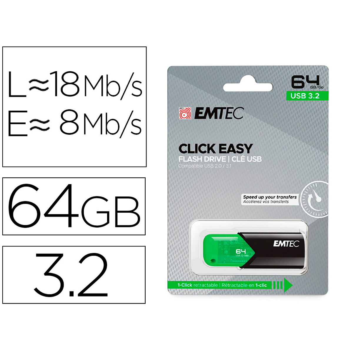 Pen drive emtec usb 3.2 click easy 64 gb verde
