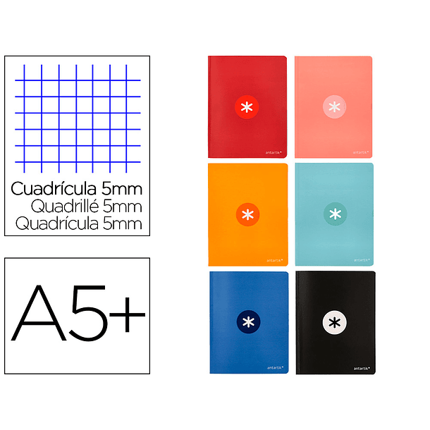 Caderno cosido liderpapel antartik a5+ plus 48 f 90 gr quadricula 5 mm com margem 6 cores sortidas 2