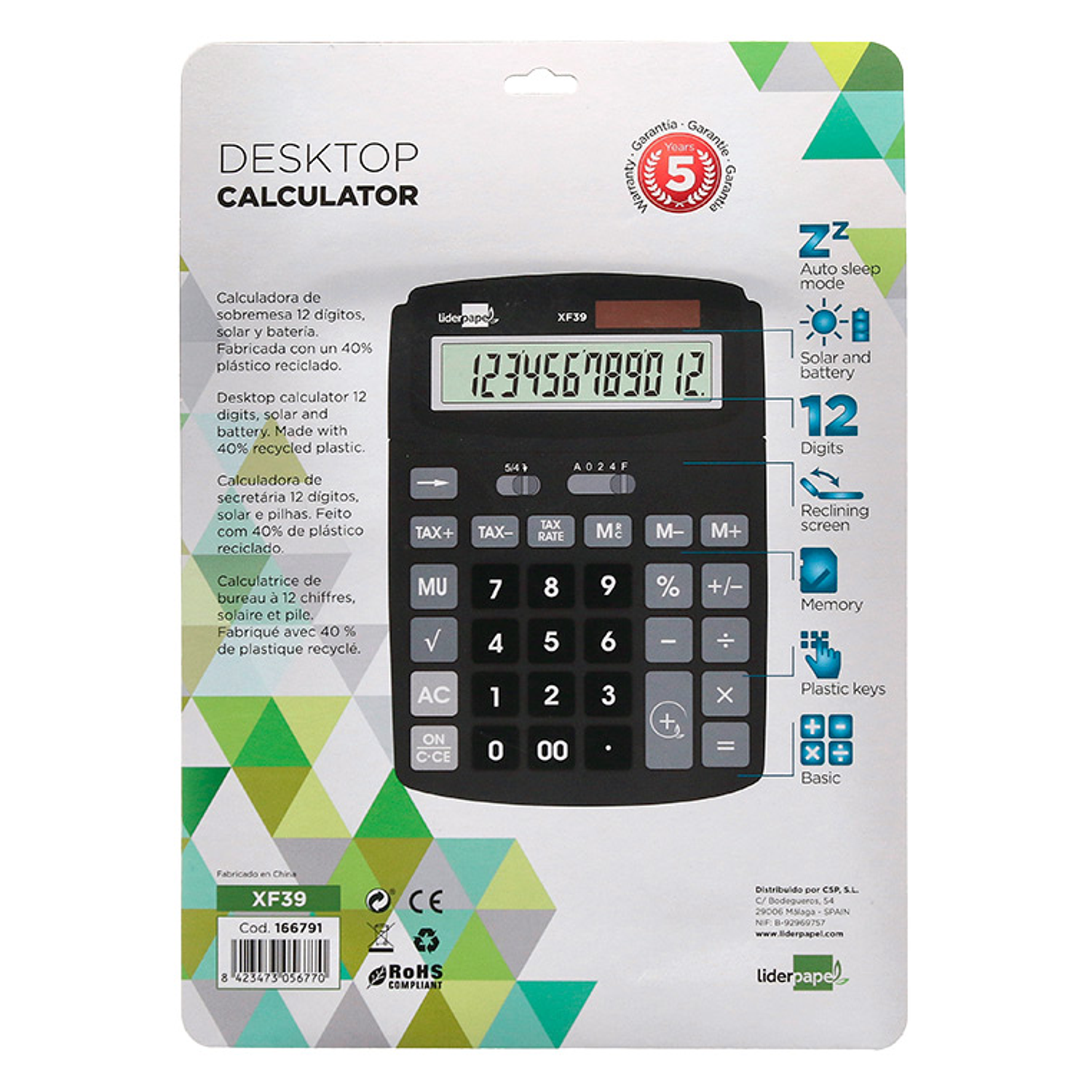 Calculadora liderpapel de secretaria xf39 12 digitos solar e pilhas cor preto 190x140x32 mm 40% plastico reciclado 7