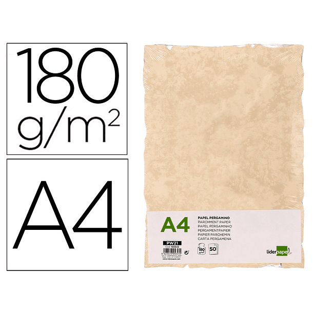 Papel pergaminho liderpapel din a4 com rebordo 180g/m2 cor creme embalagem de 50 folhas 4