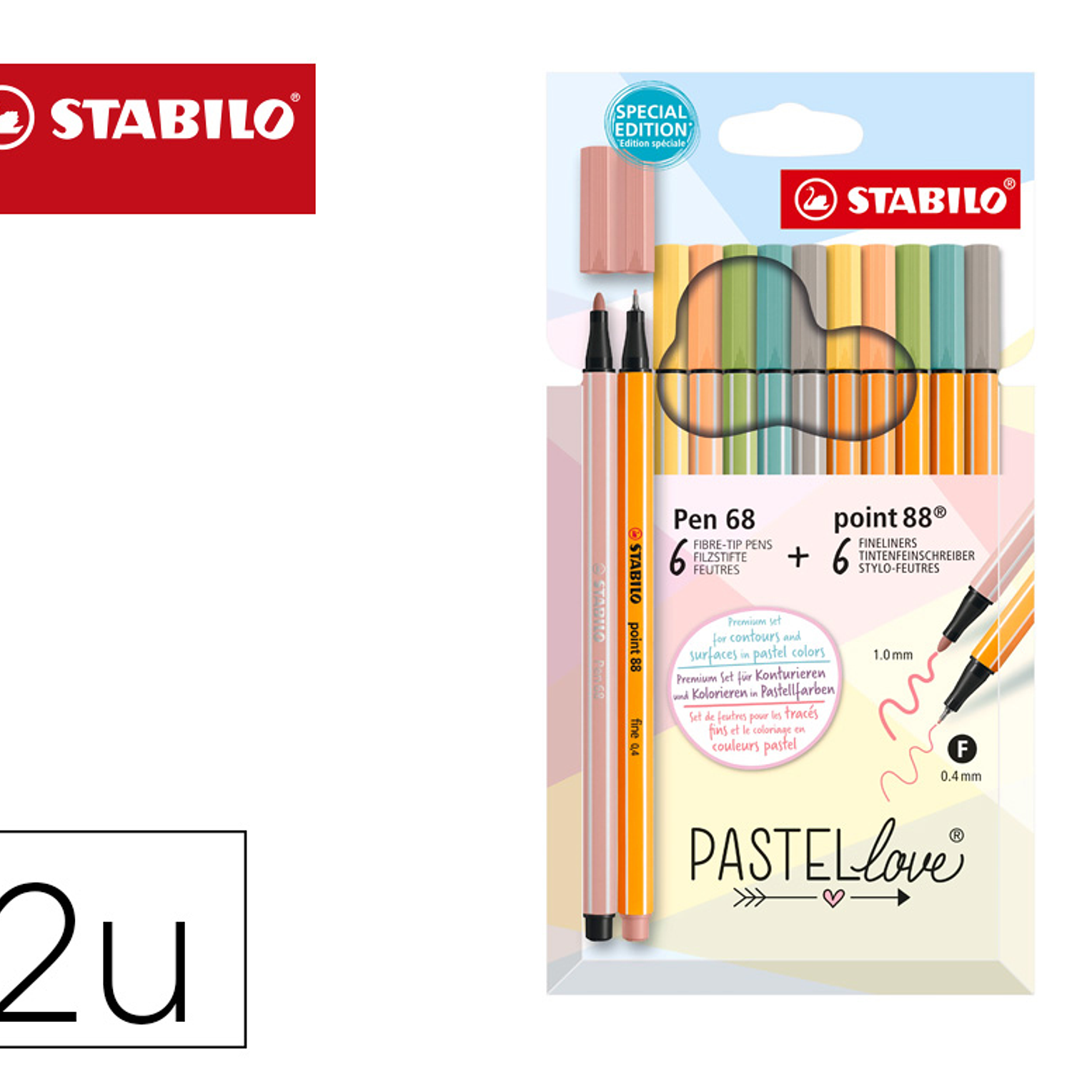 Marcador stabilo ponta de fibra point 88 + pen 68 pastel love estojo de cartao de 12 cores sortidas