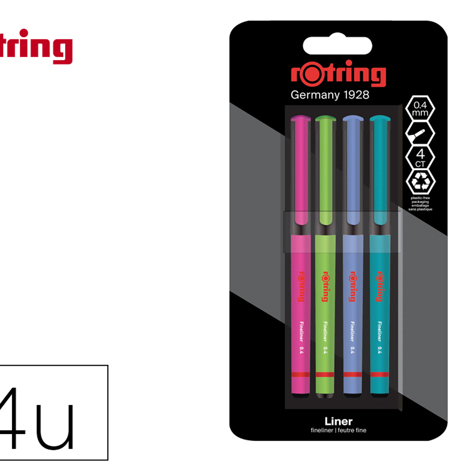 Marcador rotring fineliner ponta metalica 0,4 mm pack de 4 cores sortidas