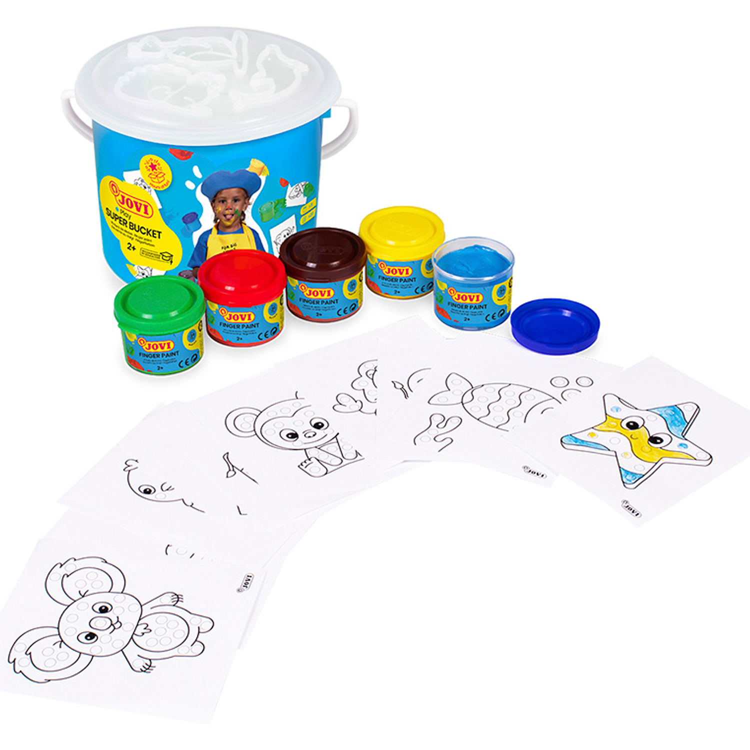 Pintura a dedos jovi bucket super kit 5 frascos 35 ml + 20 modelos desenho