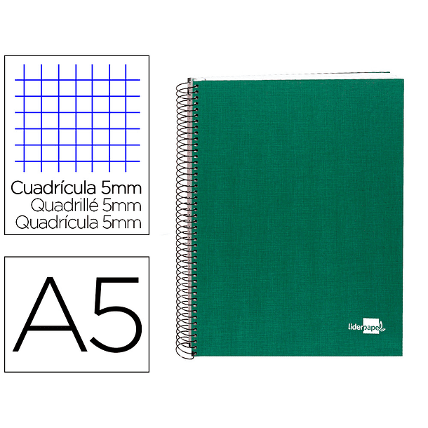 Caderno espiral liderpapel a5 micro papercoat capa forrada 140 f 75 gr quadricula 5mm 5 bandas 6 furos verde 2