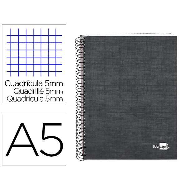 Caderno espiral liderpapel a5 micro papercoat capa forrada 140 f 75 gr quadricula 5mm 5 bandas 6 furos preto 1