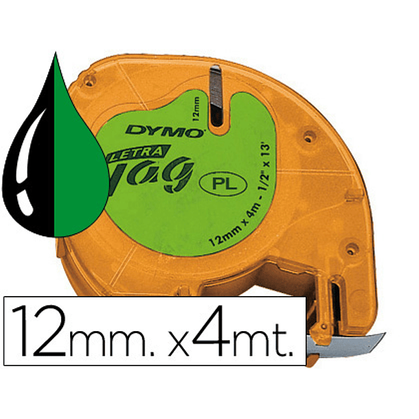 Fita dymo 12mmx4mt -preto/verde acido para maquina letratag 1