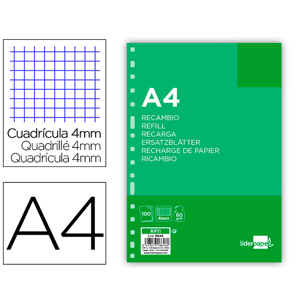 Recarga liderpapel folio 100 f 16tf-01 quadriculado 4 mm 16 furos com margem 2