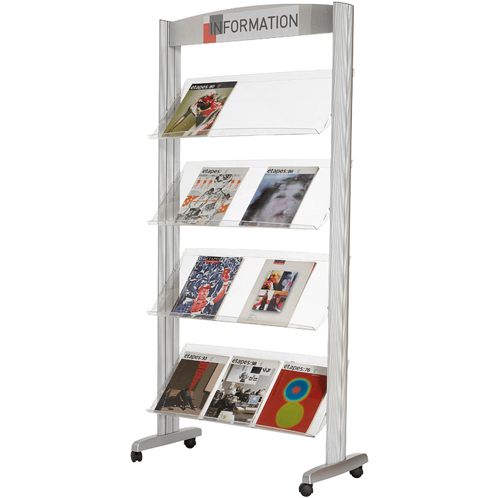 Expositor paperflow de solo metalico com rodas, 4 prateleiras transparente 1680 x 825 x 385 mm 1