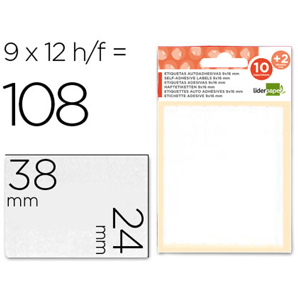 Etiquetas adesivas liderpapel 10 + 2 folhas 24x38 mm 108 etiquetas 1