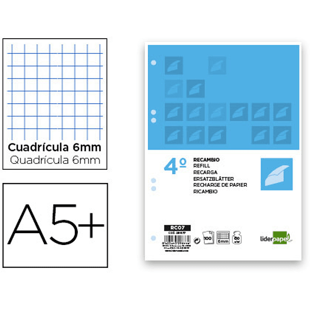 Recarga liderpapel quarto 100 f 6tc-07 quadriculado 6 mm 6 furos universal com margem 1