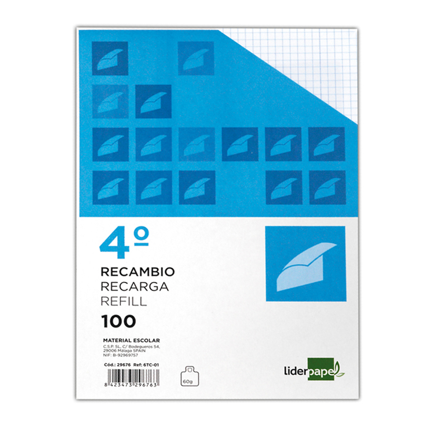 Recarga liderpapel quarto 100 f 6tc-01 quadriculado 4 mm 6 furos universal com margem 2