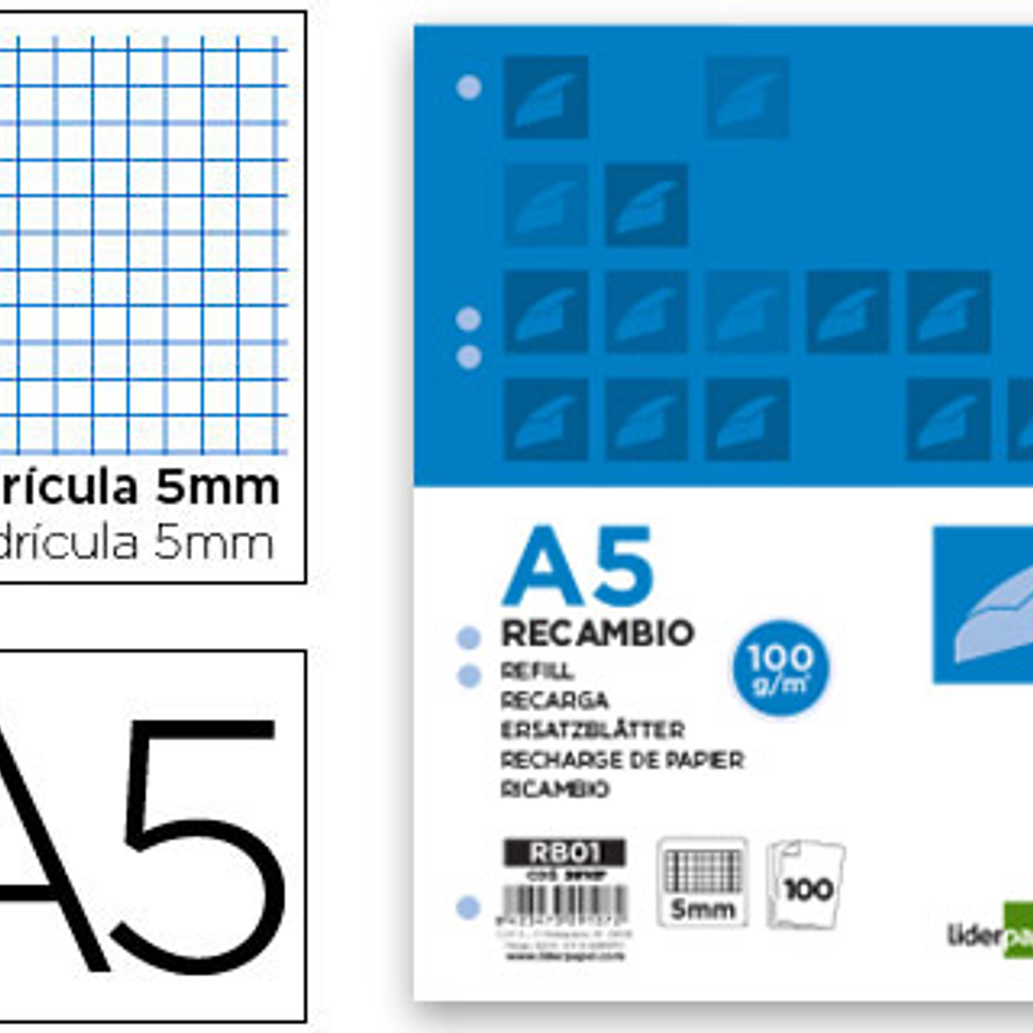 Recarga liderpapel din a5 100 f 100 gr quadriculado 1