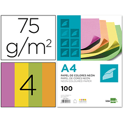 Papel de cor liderpapel din a4 75 gr pack de 100 quatro cores neon sortidas