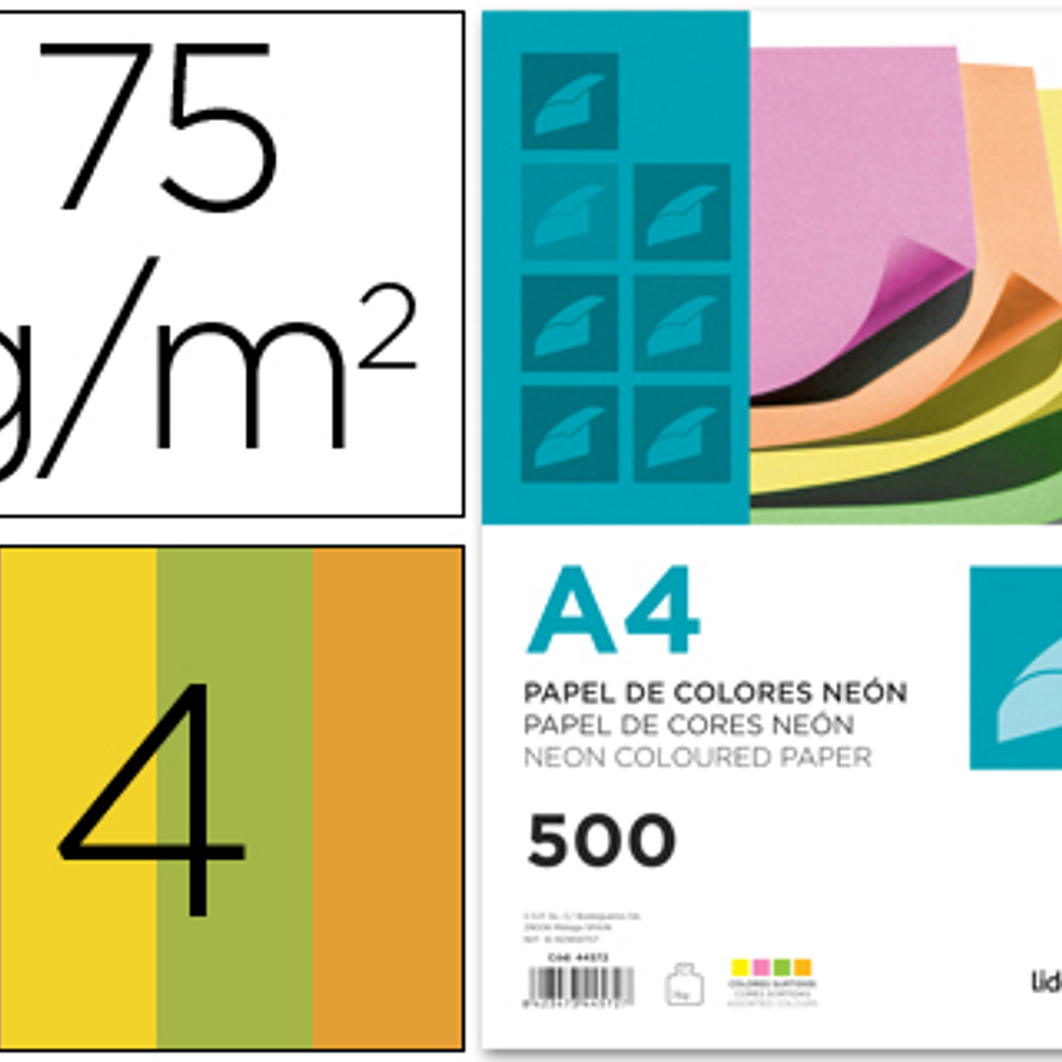 Papel de cor liderpapel din a4 75 gr pack de 500 quatro cores neon sortidas 1