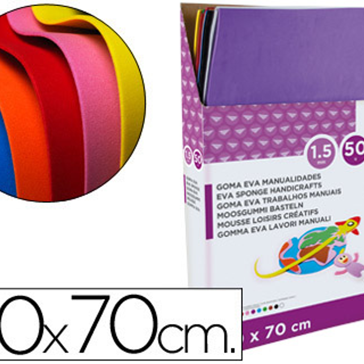 Goma eva liderpapel expositor de 50 placas de 10 cores sortidas 50x70cm 60gr espessura 1,5mm 1