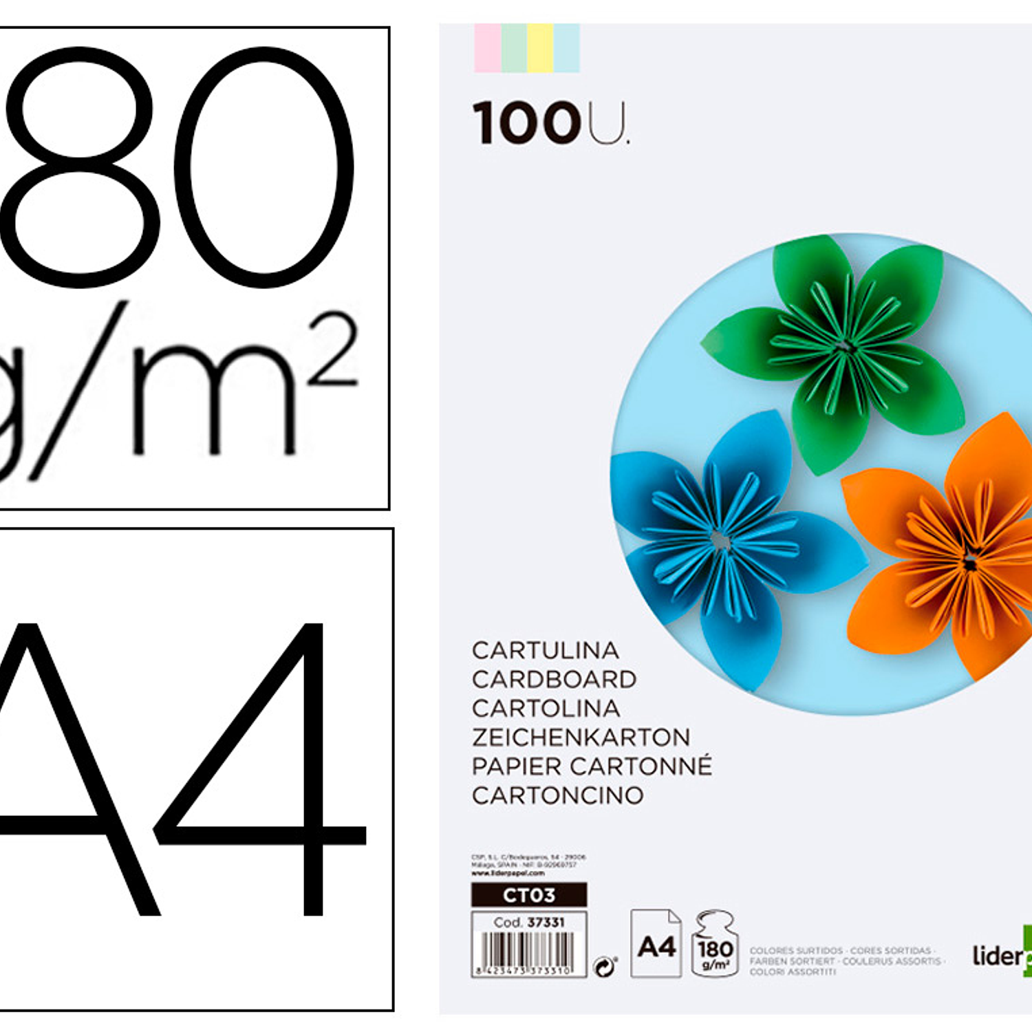 Cartolina liderpapel 180 gr 100 folhas din a4 cores sortidas 1