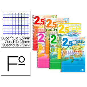 Bloc espiral liderpapel tapa cartoncillo folio 80 hojas cuadriculado pautado 2,5 mm 70 grs con margen colores