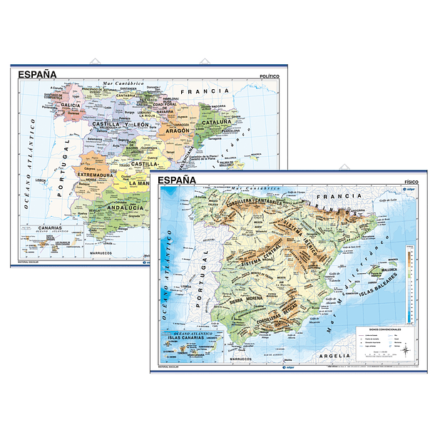 Mapa mural de espanha fisico/politico 140 x 100 cm