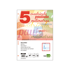 Recambio liderpapel cuarto 100 h cuadriculado pautado 4 mm 6 taladros 60 gr