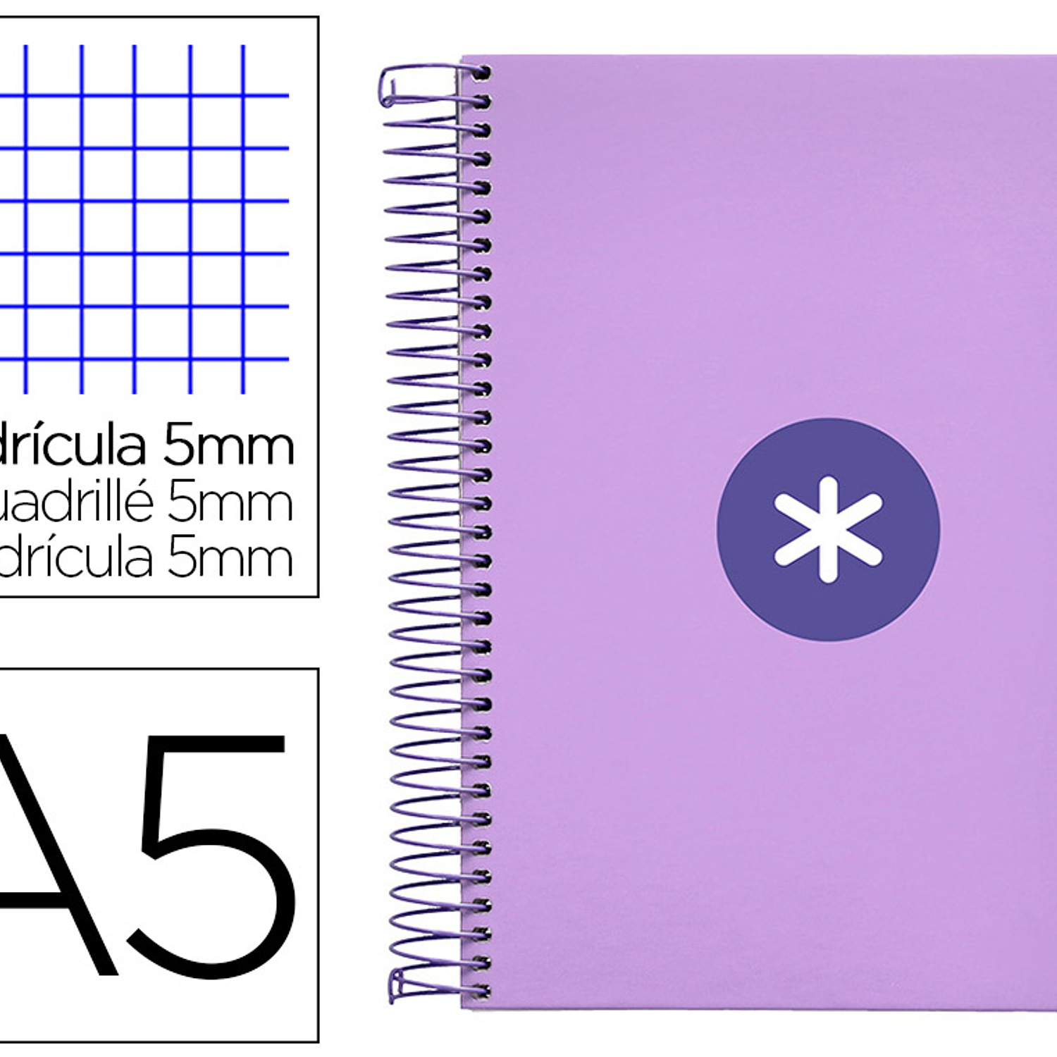 Caderno espiral liderpapel din a5 antartik capa forrada 120 f 100 gr quadricula 5mm 5 banda 6 furos cor lavanda 1