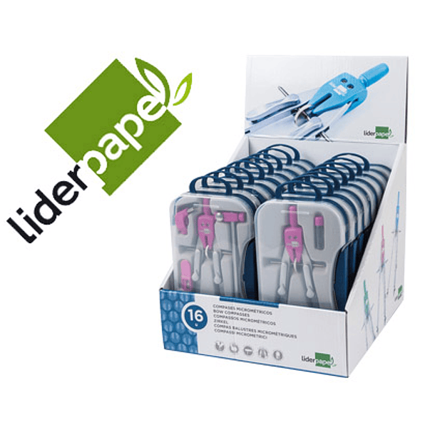 Compasso liderpapel com adaptador alargador e pega extra soft expositor de 16 estojos 2 modelos 2