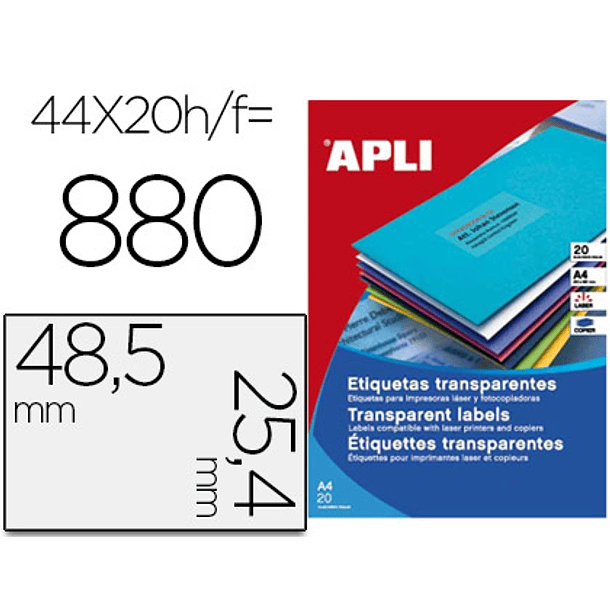 Etiqueta adesiva apli transparente 48,5x25,4 mm fotocopia laser tinteiro caixa 20 folhas din a4 com 880 etiquetas 1