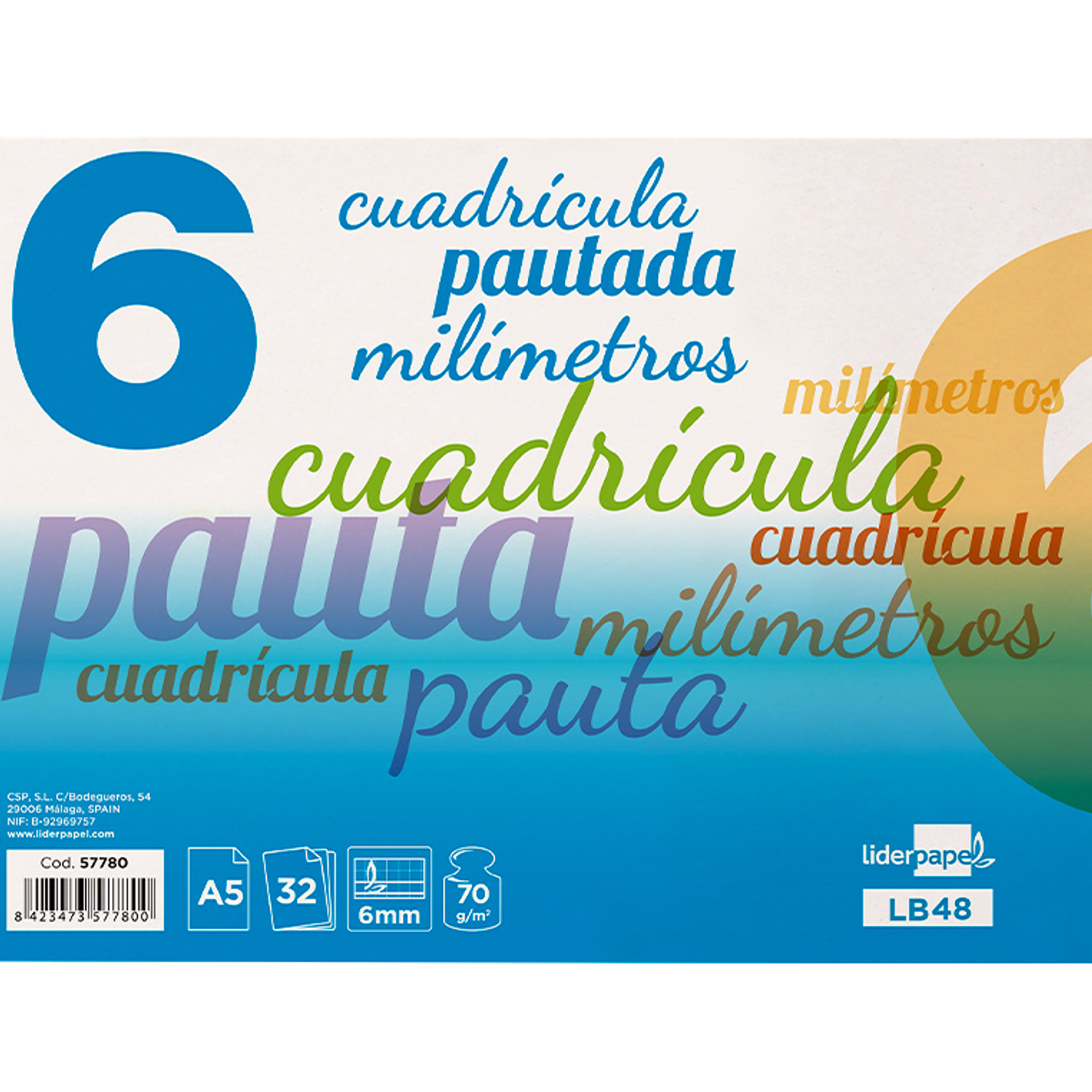 Libreta liderpapel tapa cartoncillo cuarto 32 hojas din a5 cuadriculado pautado 6mm 70 gr con margen colores 5