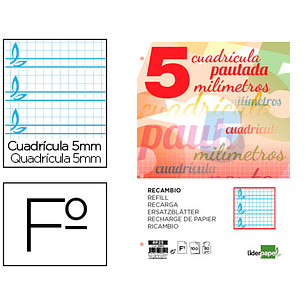 Recambio liderpapel folio 100 h 4 taladros 70 gr cuadriculado pautado 5 mm con margen