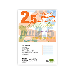 Recambio liderpapel folio 100 h 4 taladros 70 gr cuadriculado pautado 2,5 mm con margen