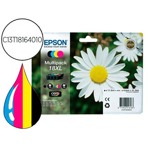 Tinteiro epson multipack t1816 preto amarelo cian e magenta xp-102 xp-205 xp-305 xp-405 capacidade 470 pag 1