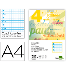 Recambio liderpapel folio 100 h 4 taladros 70 gr cuadriculado pautado 4 mm con margen