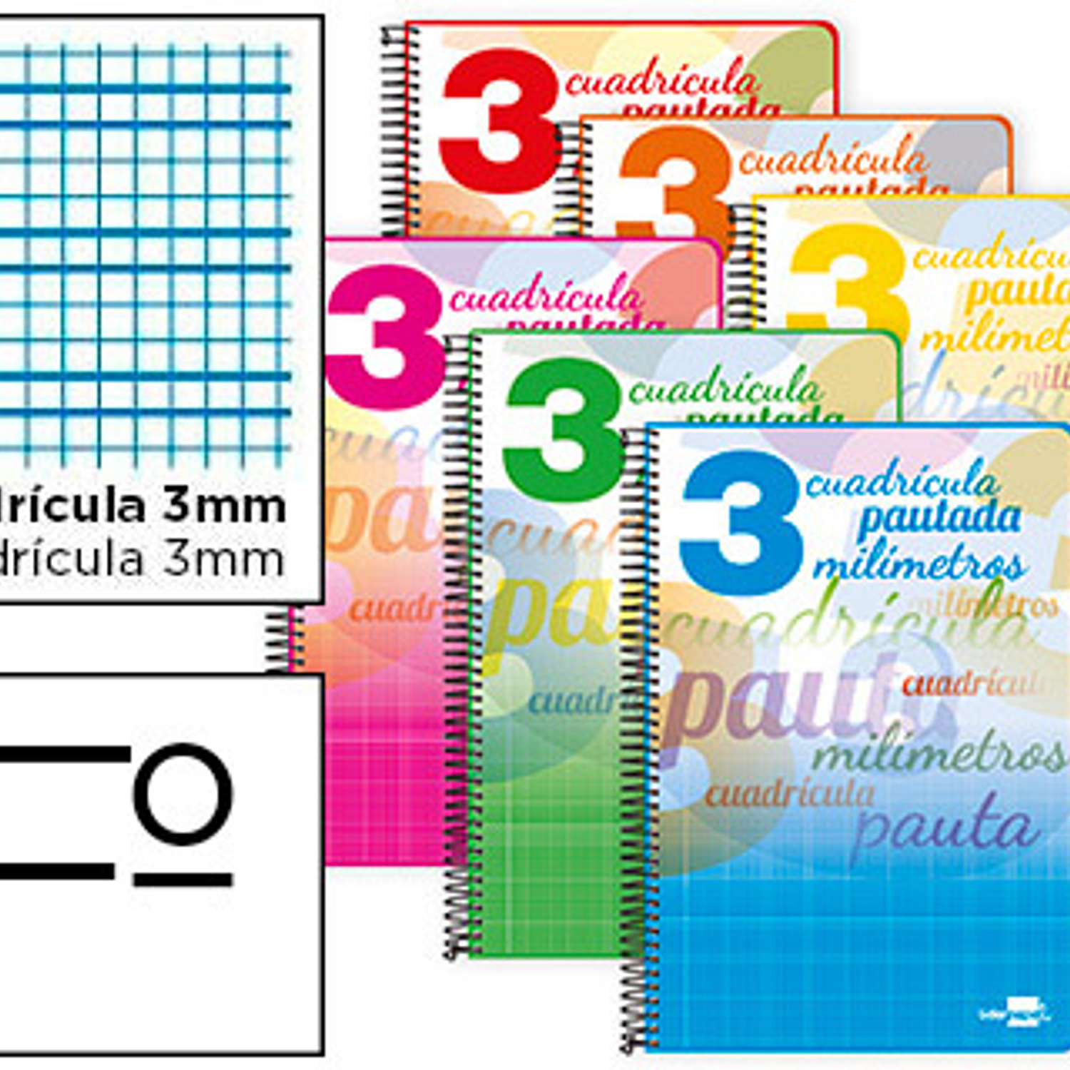 Bloc espiral liderpapel tapa extradura folio 80 hojas cuadriculado pautado 3 mm 70 grs con margen colores 1