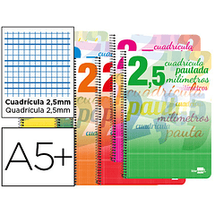 Bloc espiral liderpapel tapa cartoncillo 40 hojas din a5 cuadriculado pautado 2,5 mm 70 gr con margen colores