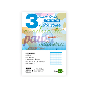 Recambio liderpapel folio 100 h 4 taladros 70 gr cuadriculado pautado 3 mm con margen