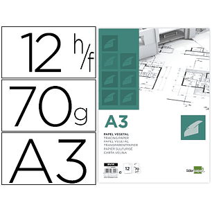 Bloco de papel vegetal liderpapel din a3 297x420mm 70 gr bolsa de 12 folhas