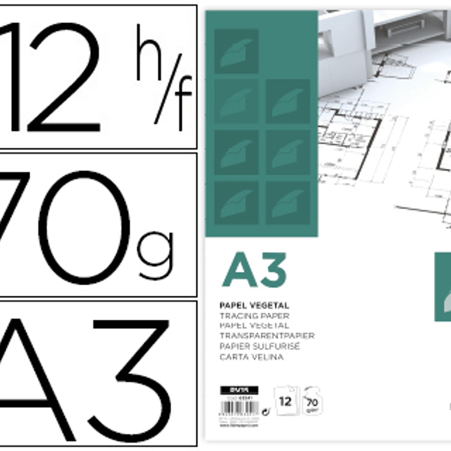 Bloco de papel vegetal liderpapel din a3 297x420mm 70 gr bolsa de 12 folhas 1