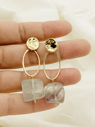 Aretes largos con piedra Fluorita cuadrada