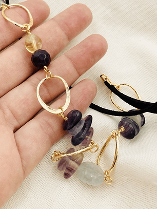 Collar largo piedras Fluorita y argollas doradas