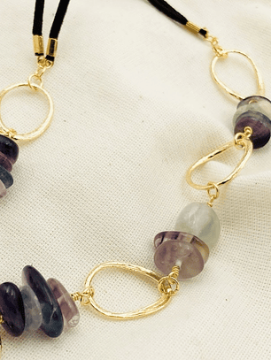 Collar largo piedras Fluorita y argollas doradas