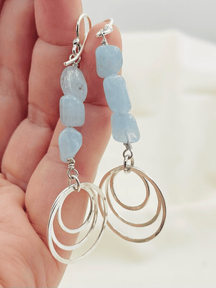 Aretes argollas de plata y Aguamarina