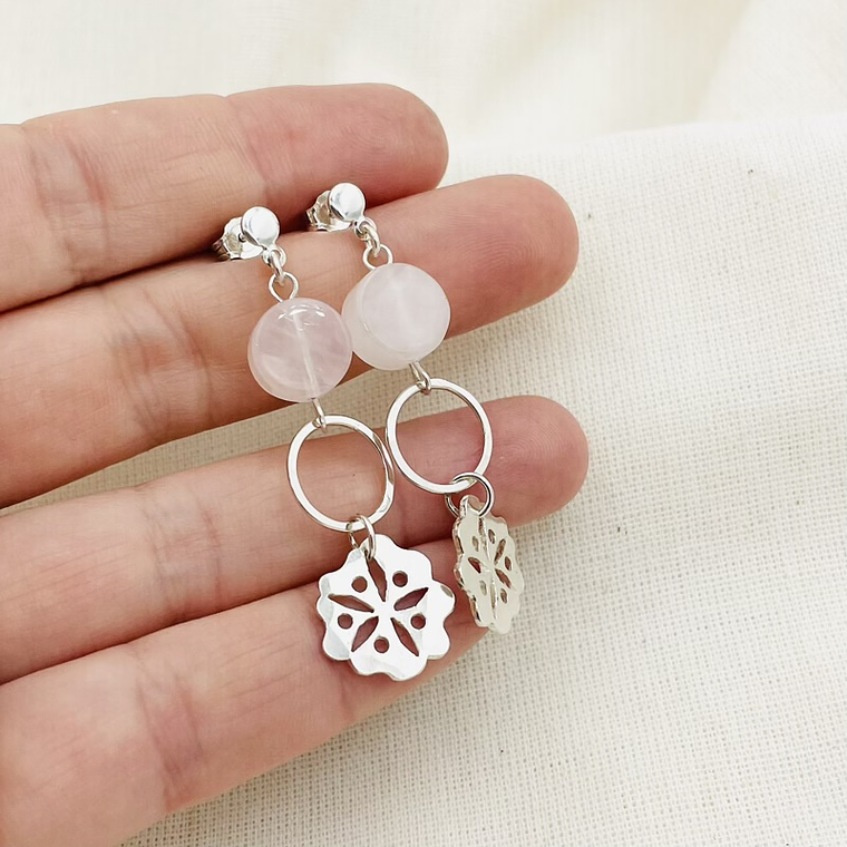 Aretes Botón de Abutilón y Cuarzo rosa 1