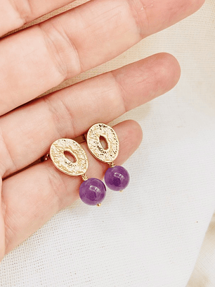 Aretes óvalo dorados con piedra Amatista