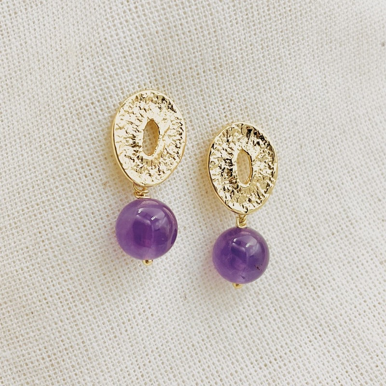 Aretes óvalo dorados con piedra Amatista 2