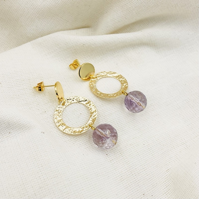Aretes Dorados Con Cuarzo Amatista 3