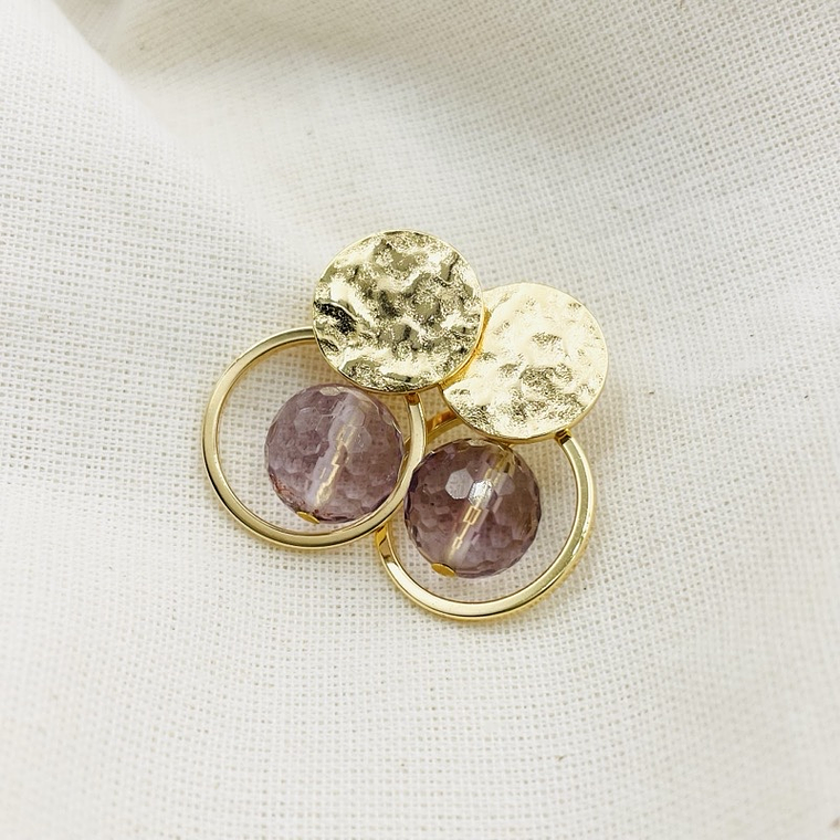 Aretes argolla y disco textura dorado con Amatista 1