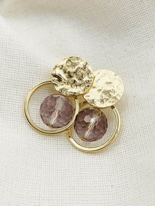 Aretes argolla y disco textura dorado con Amatista